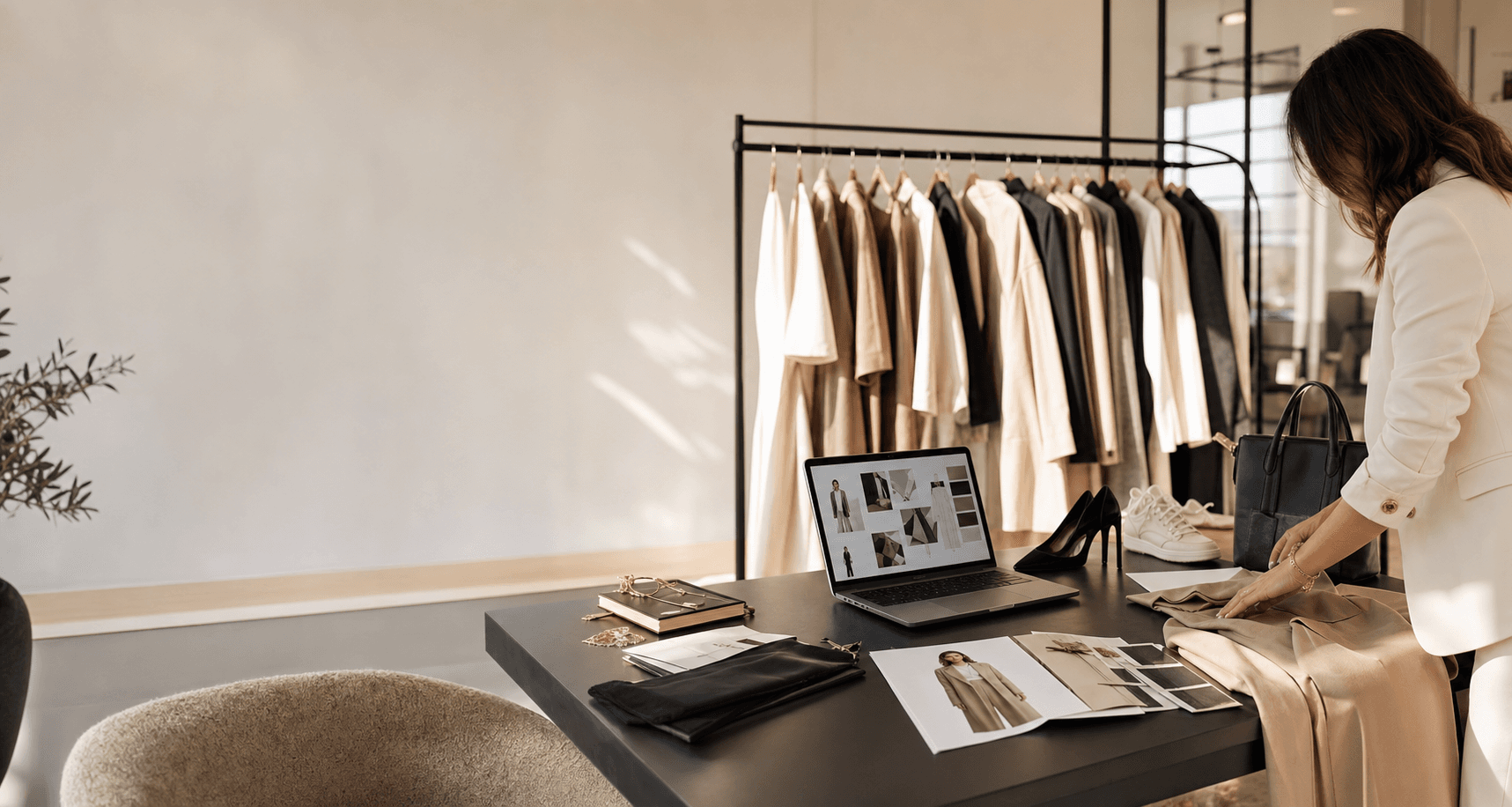 A quiet styling studio with clothing, outfit references, and soft natural light